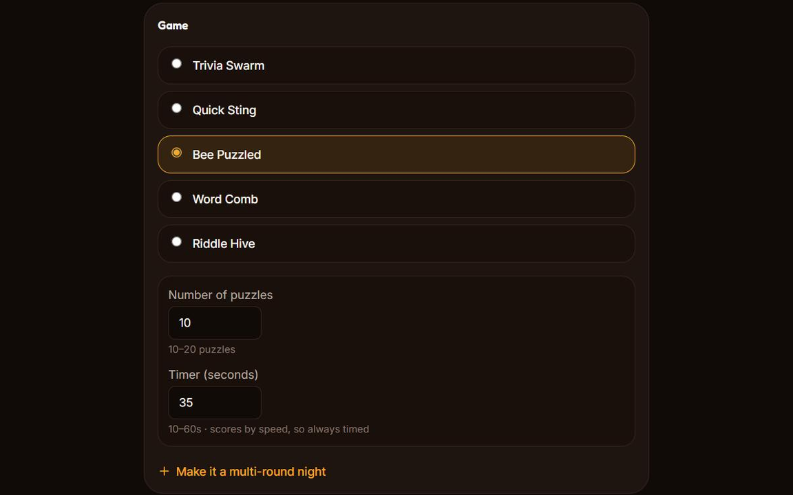 The create-an-event form's Game section: the five games in a list with Bee Puzzled chosen, and the puzzle count and timer beneath it.