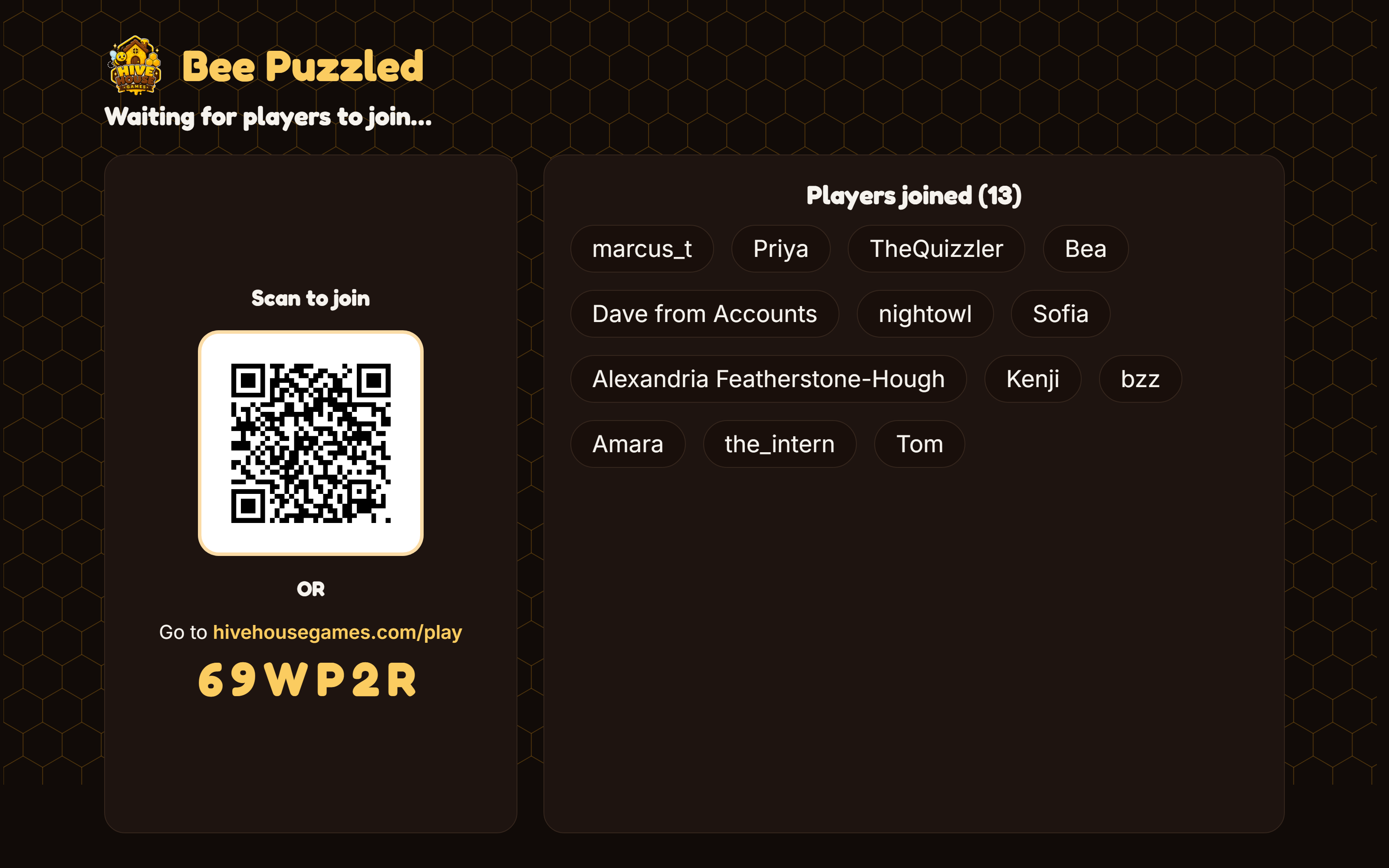 The projected lobby: a QR code and join code on one side, players' names filling the other.